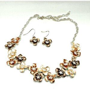 Floral Statement Necklace and Earrings Set With Gold and Silver Tone Accents